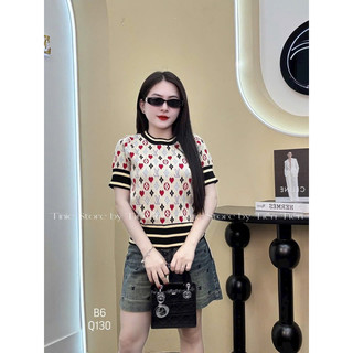 Áo len nữ cộc tay cổ tròn len dệt kim hoạ tiết eo vì phối màu siêu xinh mã 949