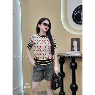 Áo len nữ cộc tay cổ tròn len dệt kim hoạ tiết eo vì phối màu siêu xinh mã 949