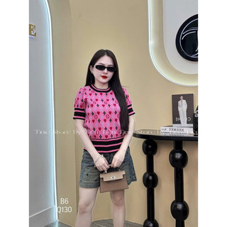 Áo len nữ cộc tay cổ tròn len dệt kim hoạ tiết eo vì phối màu siêu xinh mã 949
