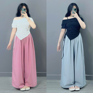 Đồ Bộ Bigsize Nữ Áo Thun Kiểu Vạt Chéo Kèm Quần Lụa Suông Thanh Lịch 60-95kg SET980