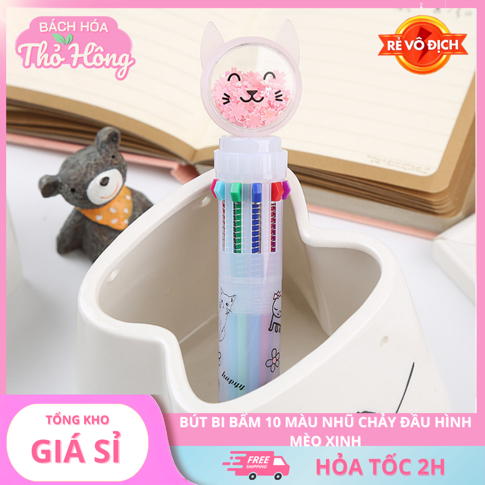 3 Bút Bi Bấm 10 Màu Nhũ Chảy Đầu Hình Mèo Xinh