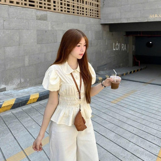 Áo Sơ Mi Cổ Sen Tay Bồng Nhún Eo Mùa Hè Năng Động Cho Nữ
