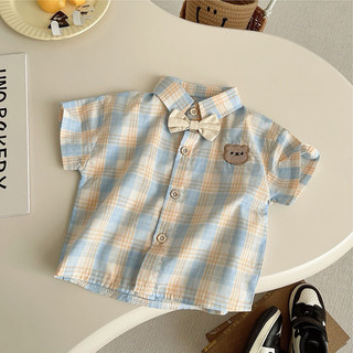 Set bộ sơ mi công tử kẻ cộc tay kèm nơ + quần short cho bé