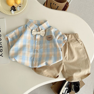 Set bộ sơ mi công tử kẻ cộc tay kèm nơ + quần short cho bé