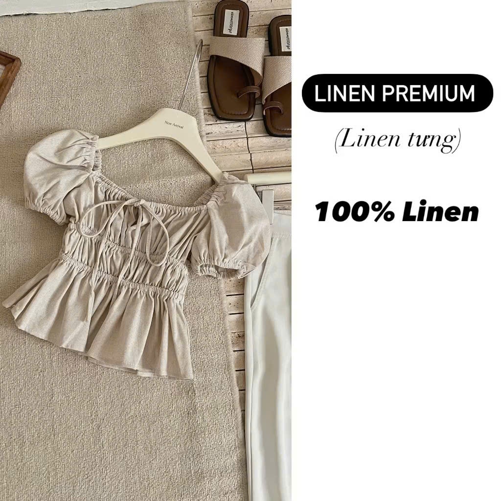 Áo babydoll linen kiểu xinh tay phồng tiểu thư công chúa bo thân nơ coquette ngực xinh xắn Kimee MA287