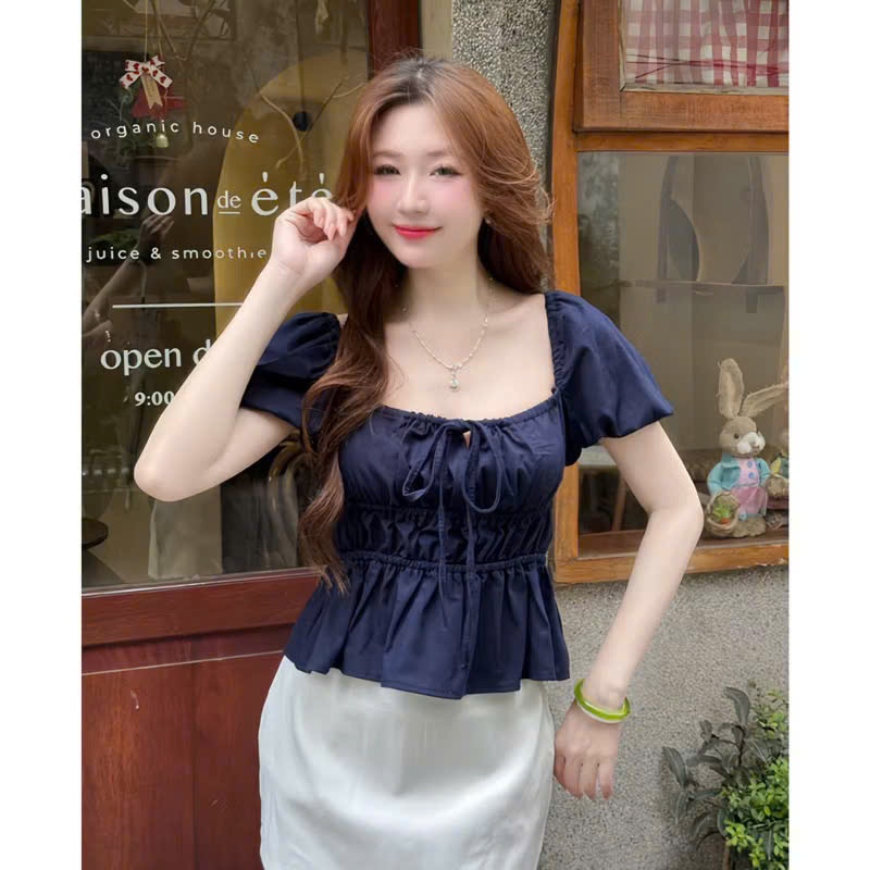Áo babydoll linen kiểu xinh tay phồng tiểu thư công chúa bo thân nơ coquette ngực xinh xắn Kimee MA287