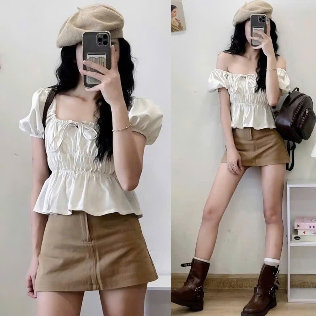 Áo babydoll linen kiểu xinh tay phồng tiểu thư công chúa bo thân nơ coquette ngực xinh xắn Kimee MA287