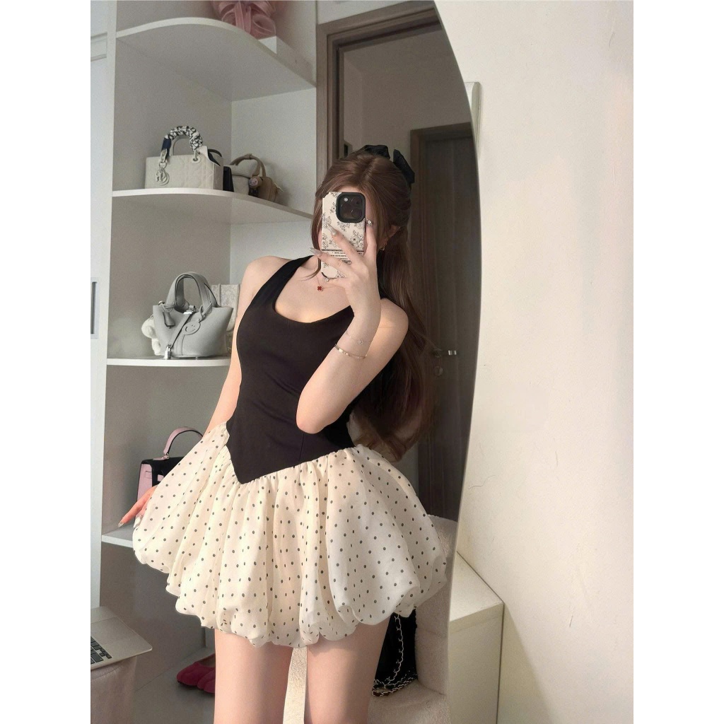 Đầm váy nữ hai dây bản áo thun phối chân váy voan dáng bí, đầm váy nữ cổ vuông chiết eo phối váy xếp ly nhẹ nhàng