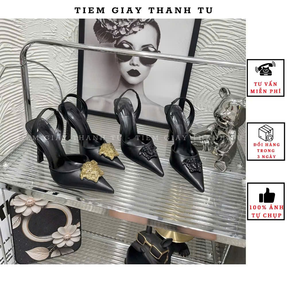 ( 978-2)Sandal cao gót hở sau logo mặt gót nhọn da lỳ mềm hàng QCCC fullbox