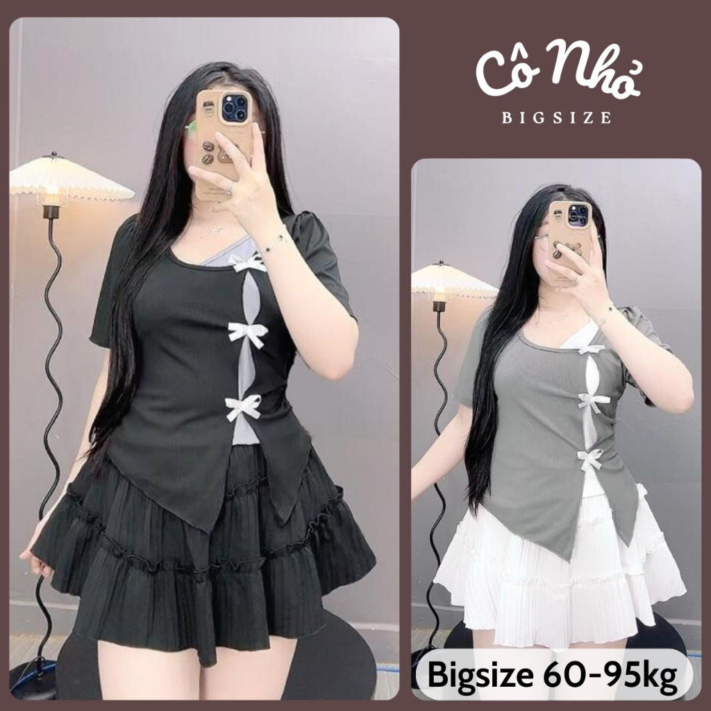 Ảnh Áo Thun Kiểu Bigsize Nữ Cổ Tìm Xẻ Tà Phối Nơ Cách Điệu Vải Gân Tăm Co Giãn 55-92kg A273 1
