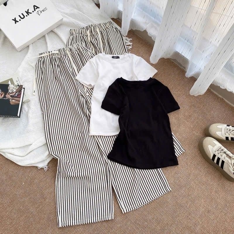 Tổng hợp các Sét Bộ Quần Đũi Xốp Kẻ Sọc Vằn + Mix Áo Thun Tăm Croptop trơn  Dáng Ngắn