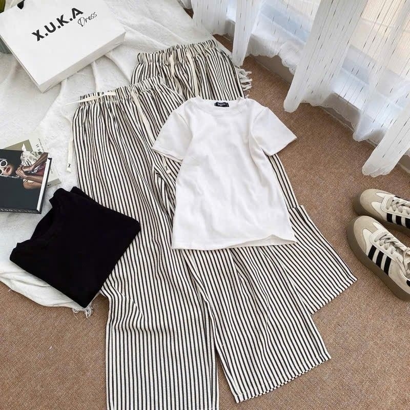 Tổng hợp các Sét Bộ Quần Đũi Xốp Kẻ Sọc Vằn + Mix Áo Thun Tăm Croptop trơn  Dáng Ngắn