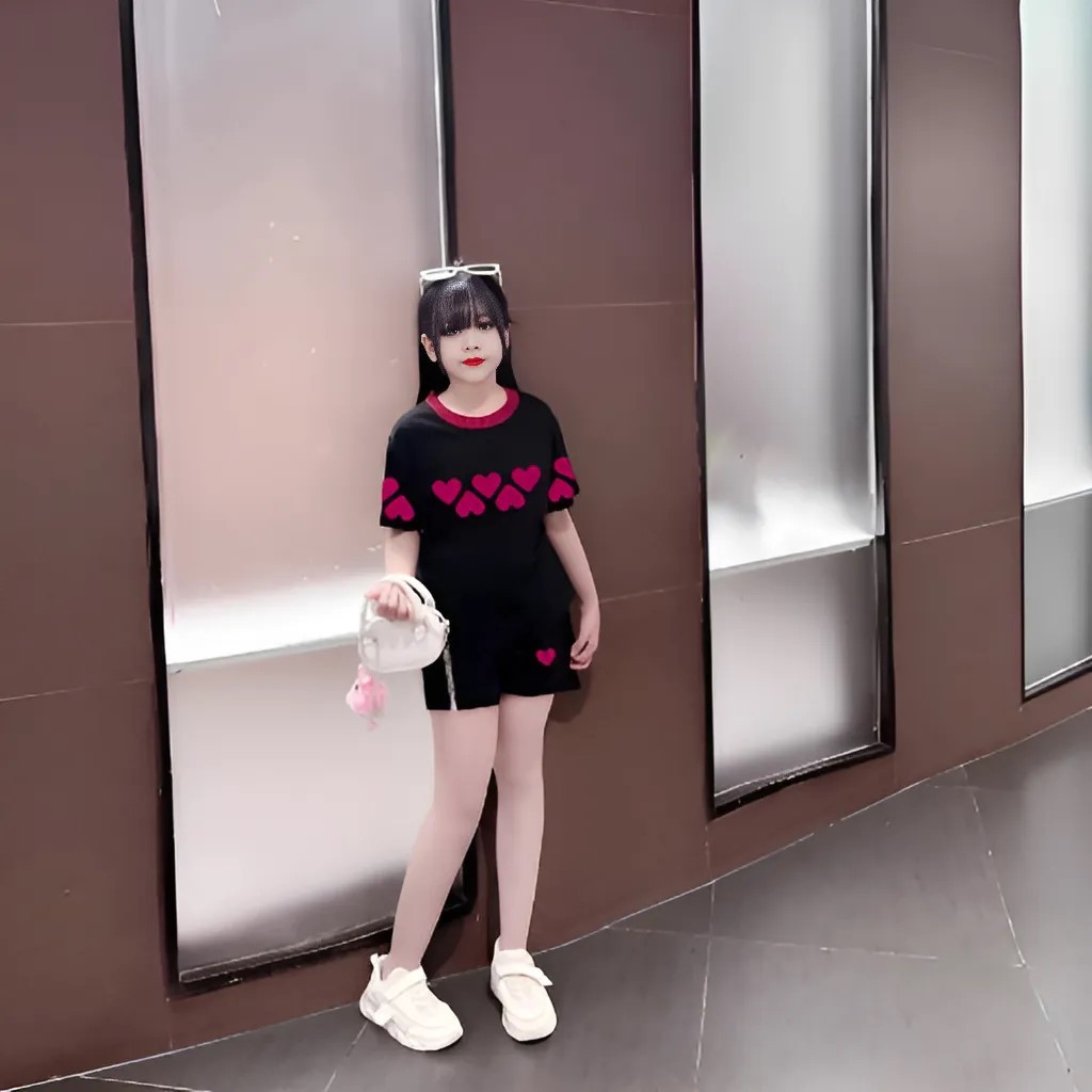 4-15 tuổi, Bộ quần áo cho bé gái in hình trái tim, chất vải cotton thấm hút mồ hôi thoải mái cho bé.M27