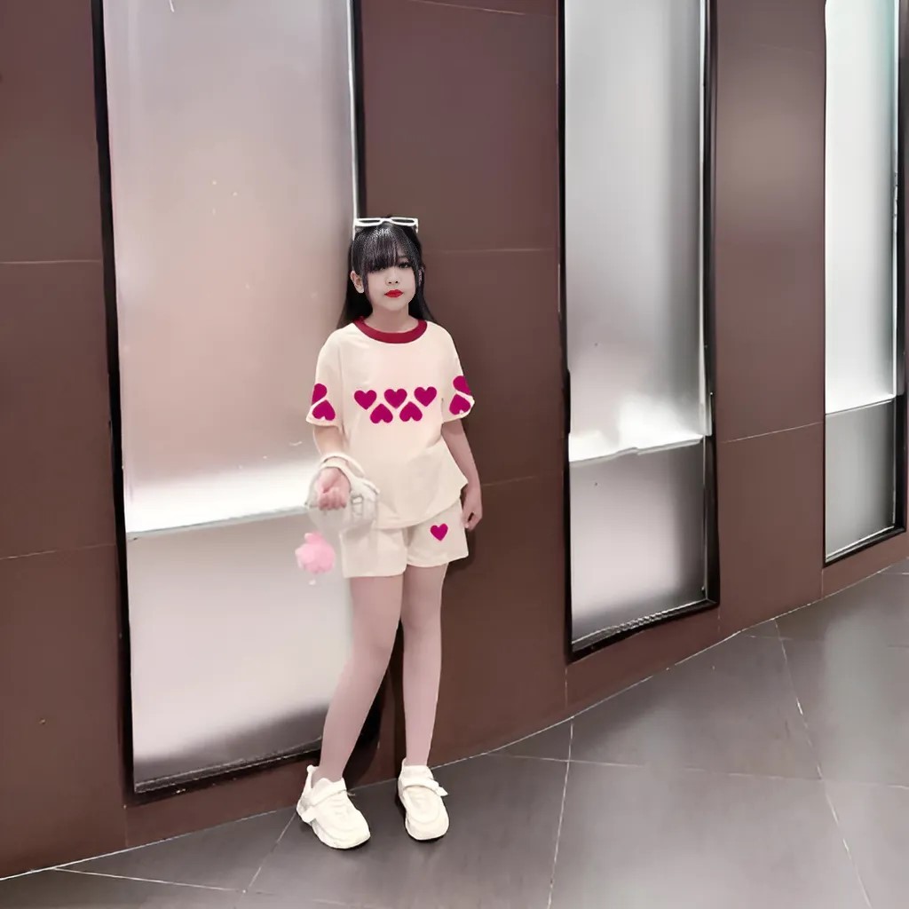 4-15 tuổi, Bộ quần áo cho bé gái in hình trái tim, chất vải cotton thấm hút mồ hôi thoải mái cho bé.M27