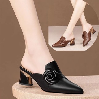 Giày sục cao gót đế vuông đính bông hoa thời trang hot trend KATI chất da cực sang chảnh - CG791