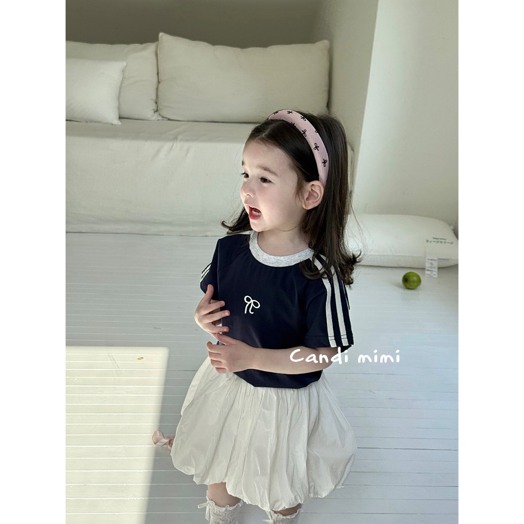 CANDI MIMI Áo cotton ngắn tay sọc trắng thêu nơ - Phong cách Hàn Quốc
