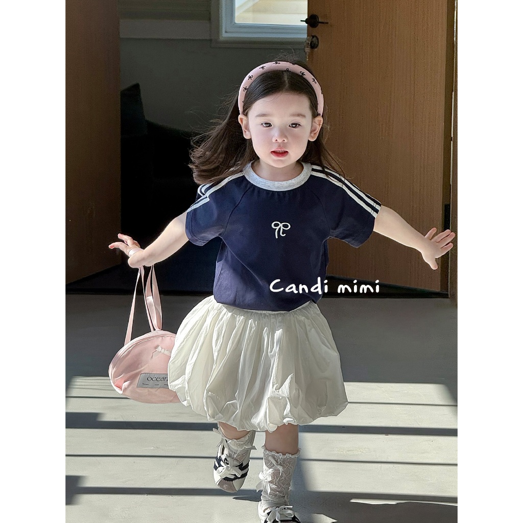 CANDI MIMI Áo cotton ngắn tay sọc trắng thêu nơ - Phong cách Hàn Quốc