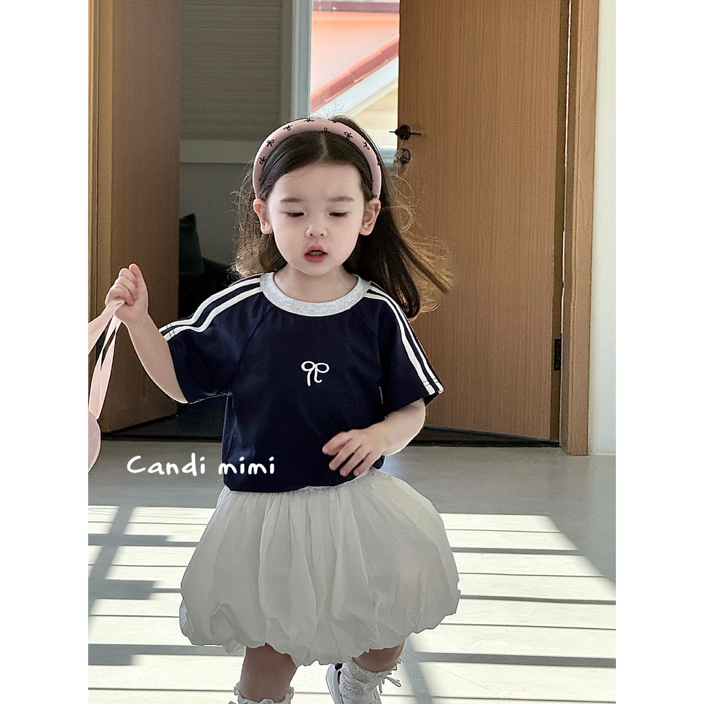 CANDI MIMI Áo cotton ngắn tay sọc trắng thêu nơ - Phong cách Hàn Quốc