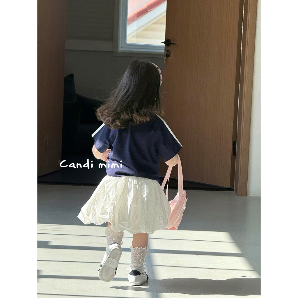 CANDI MIMI Áo cotton ngắn tay sọc trắng thêu nơ - Phong cách Hàn Quốc