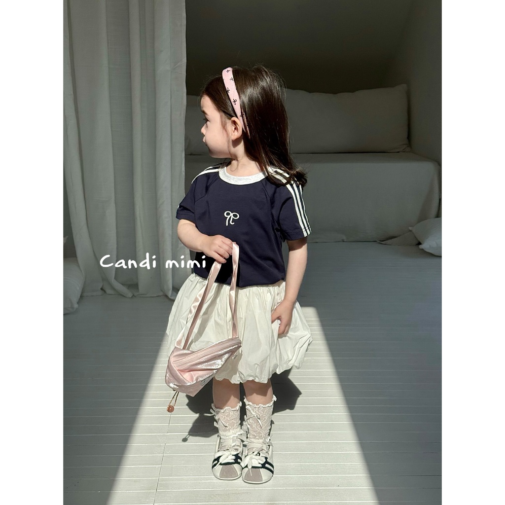 CANDI MIMI Áo cotton ngắn tay sọc trắng thêu nơ - Phong cách Hàn Quốc