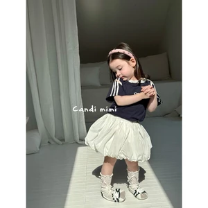 CANDI MIMI Áo cotton ngắn tay sọc trắng thêu nơ - Phong cách Hàn Quốc