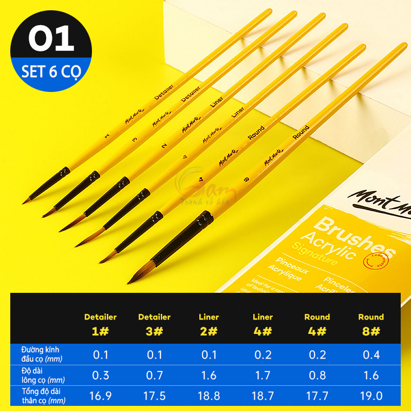 Cọ vẽ tỉa nét Mont Marte  lông mềm cho tranh tô màu theo số màu acrylic màu nước sơn dầu