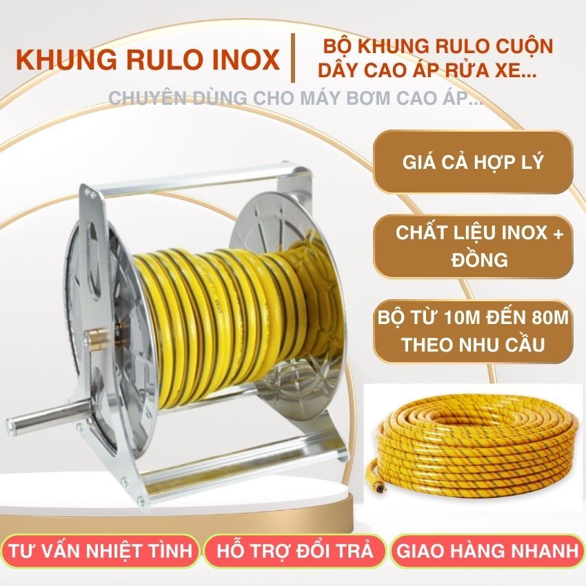 Bộ khung Rulo inox cuộn dây cao áp rửa xe, phun thuốc ...từ 10m đến ...