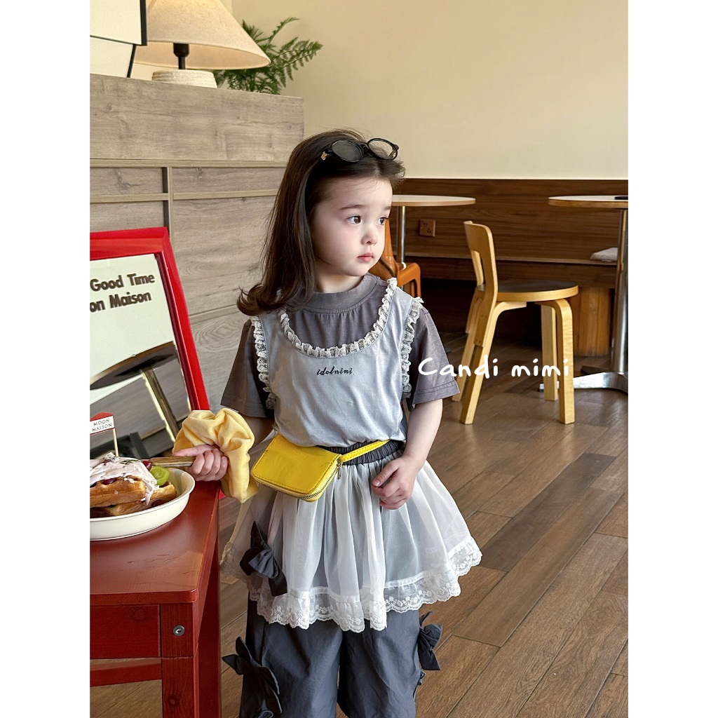 CANDI MIMI Áo cotton ngắn tay kèm gile - Phong cách Hàn Quốc