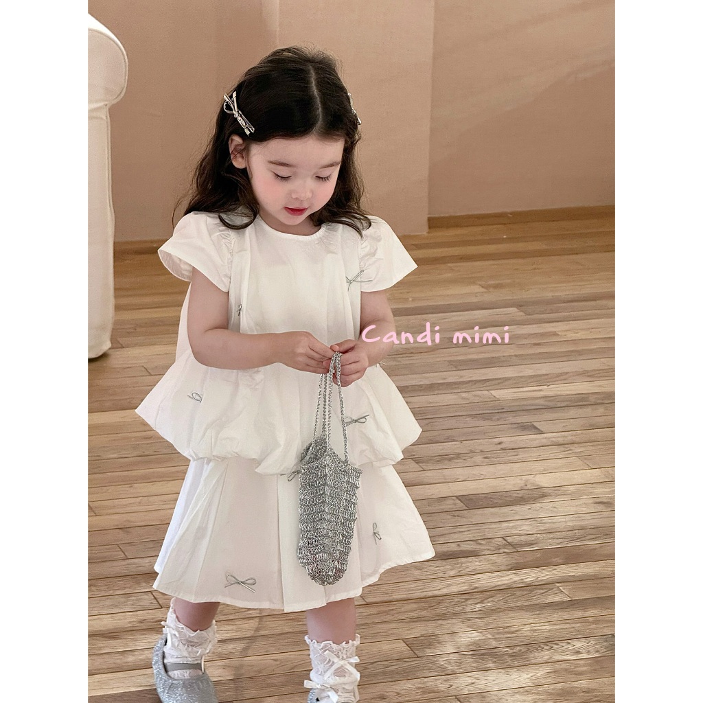CANDI MIMI Set áo tay hến và chân váy xoè trắng đính nơ - Phong cách Hàn Quốc