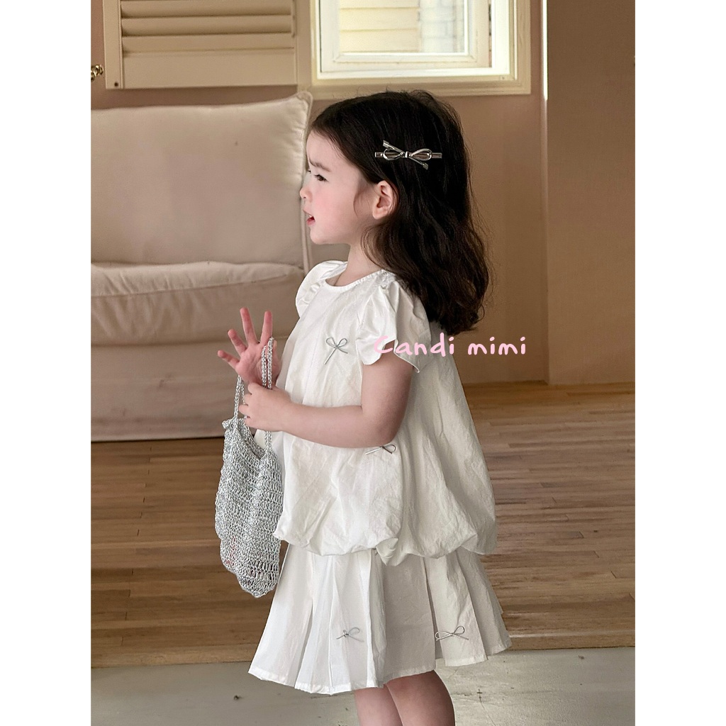 CANDI MIMI Set áo tay hến và chân váy xoè trắng đính nơ - Phong cách Hàn Quốc