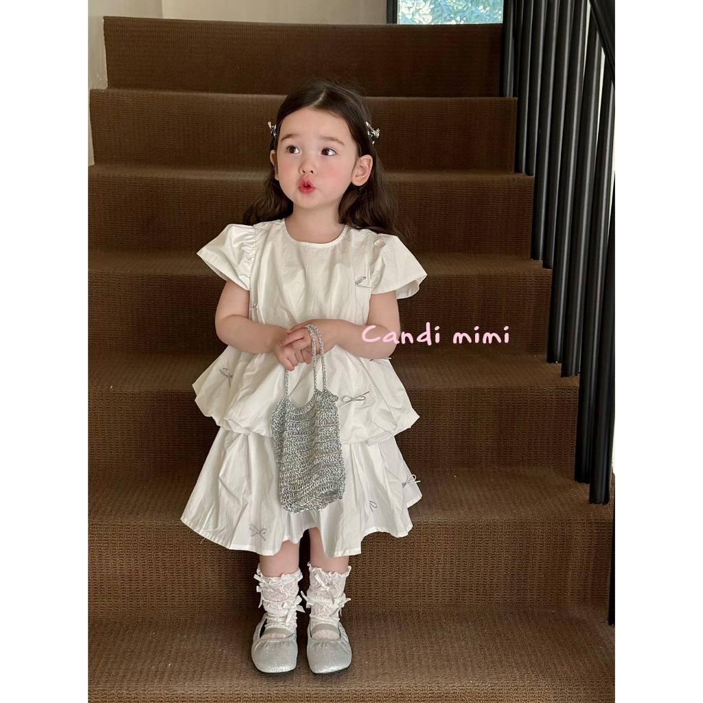 CANDI MIMI Set áo tay hến và chân váy xoè trắng đính nơ - Phong cách Hàn Quốc
