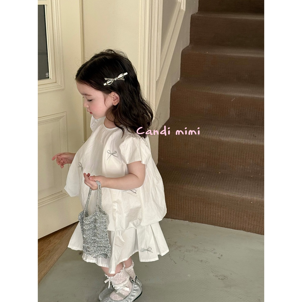 CANDI MIMI Set áo tay hến và chân váy xoè trắng đính nơ - Phong cách Hàn Quốc