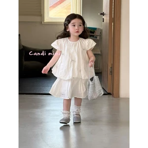 CANDI MIMI Set áo tay hến và chân váy xoè trắng đính nơ - Phong cách Hàn Quốc