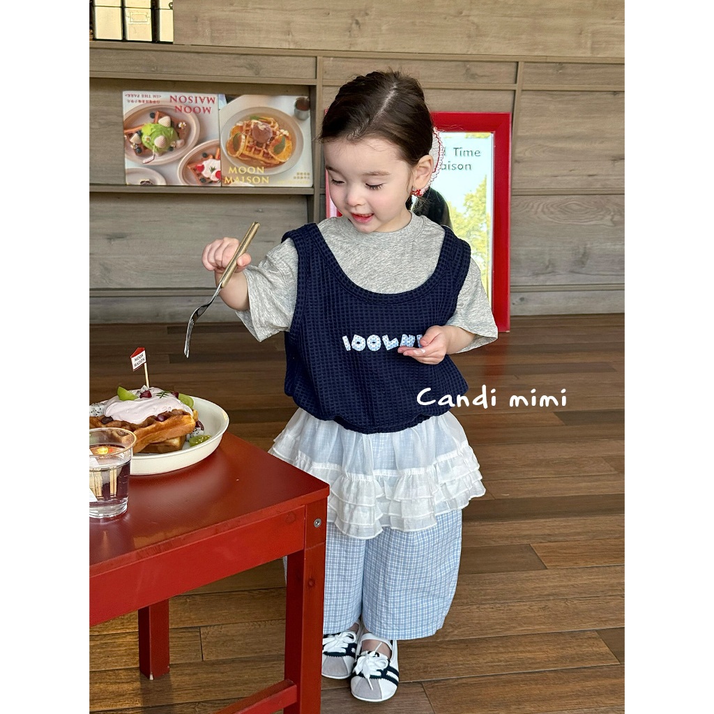 CANDI MIMI Áo cotton ngắn tay kèm gile sợi đan - Phong cách Hàn Quốc