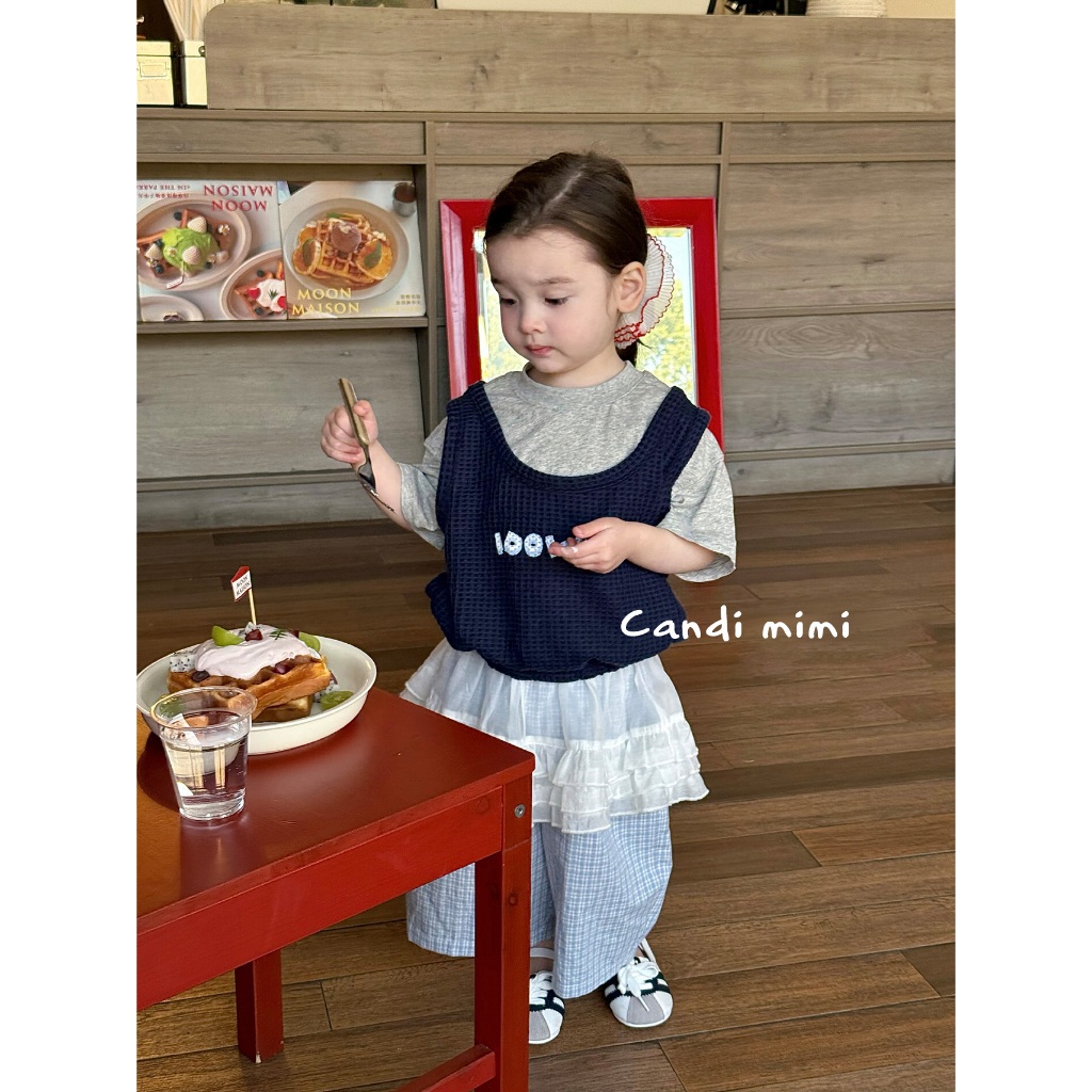 CANDI MIMI Áo cotton ngắn tay kèm gile sợi đan - Phong cách Hàn Quốc