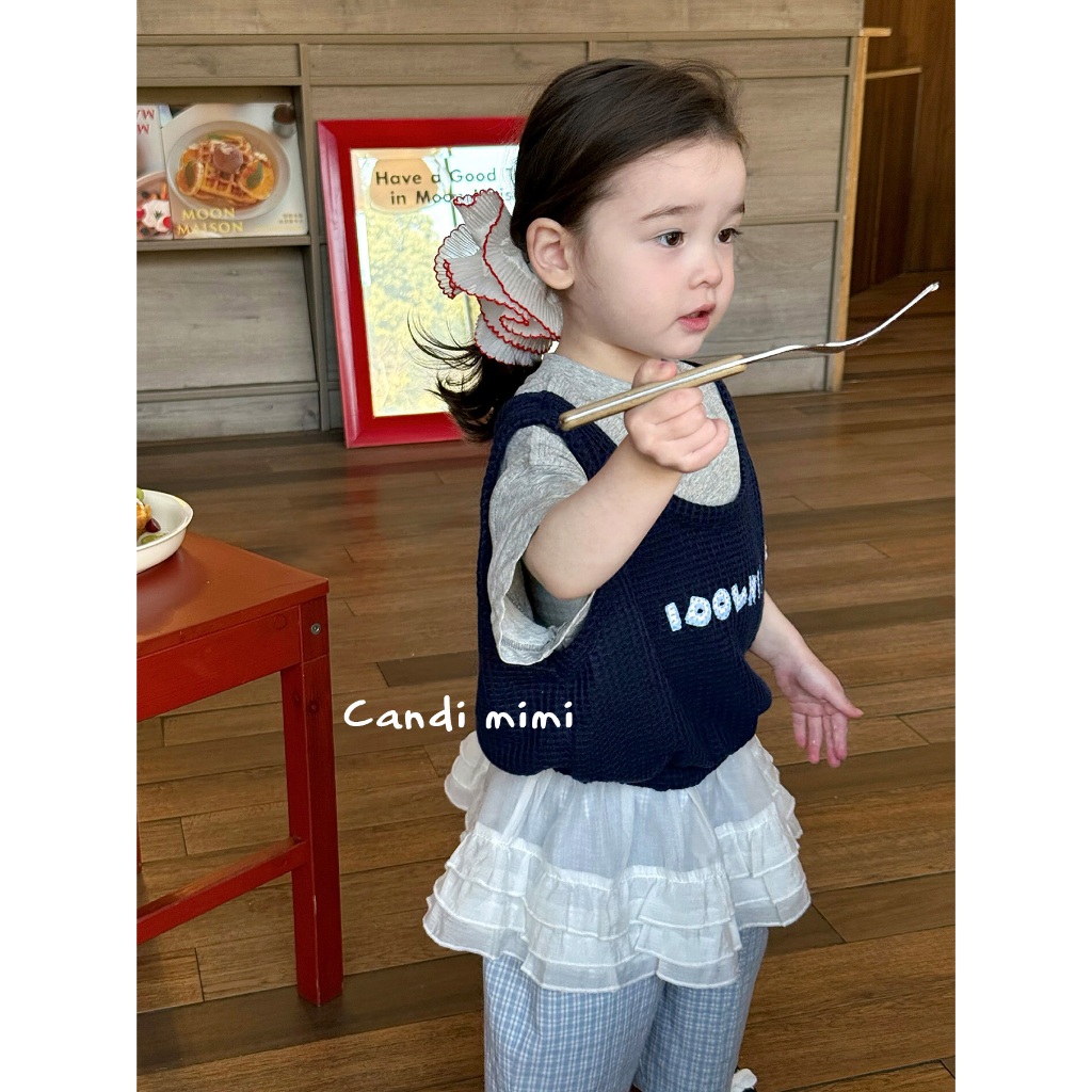 CANDI MIMI Áo cotton ngắn tay kèm gile sợi đan - Phong cách Hàn Quốc
