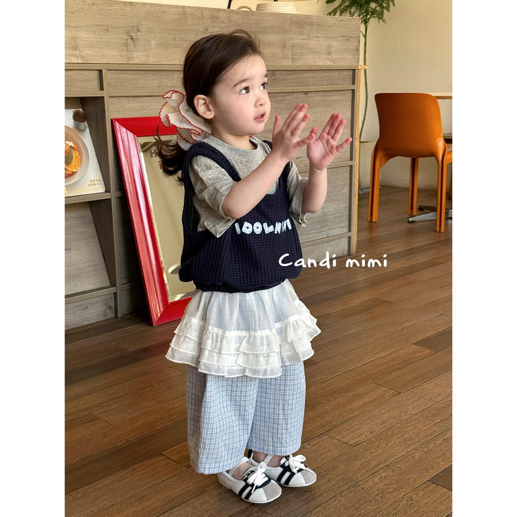CANDI MIMI Áo cotton ngắn tay kèm gile sợi đan - Phong cách Hàn Quốc