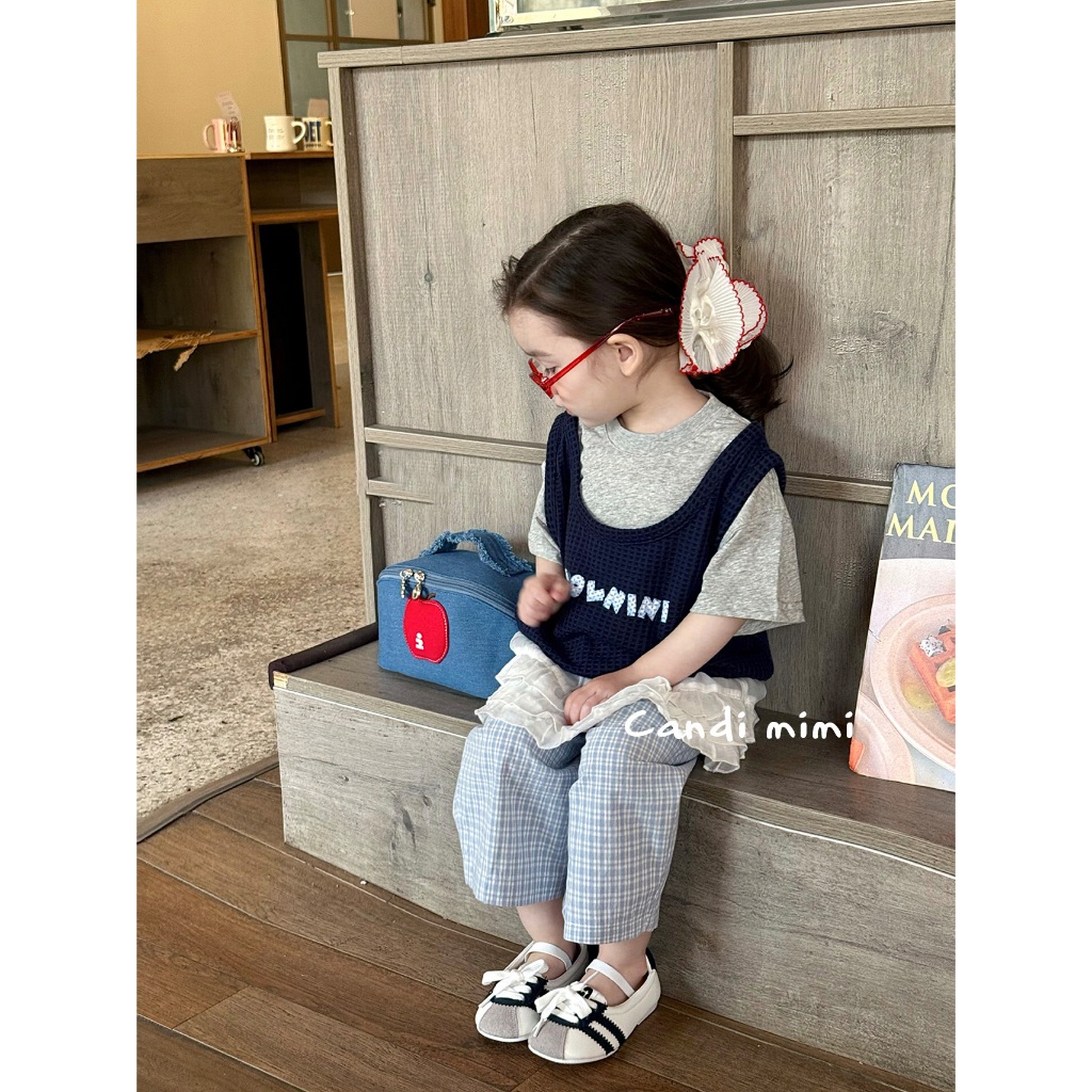 CANDI MIMI Áo cotton ngắn tay kèm gile sợi đan - Phong cách Hàn Quốc