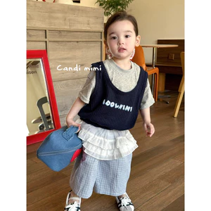 CANDI MIMI Áo cotton ngắn tay kèm gile sợi đan - Phong cách Hàn Quốc