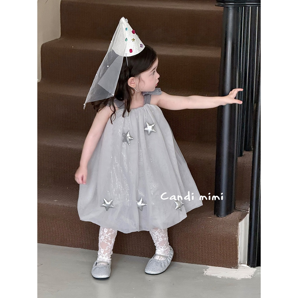 CANDI MIMI Váy hai dây nơ babydoll gắn sao ánh bạc - Phong cách Hàn Quốc