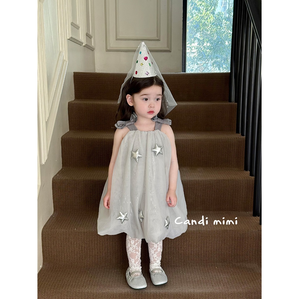 CANDI MIMI Váy hai dây nơ babydoll gắn sao ánh bạc - Phong cách Hàn Quốc