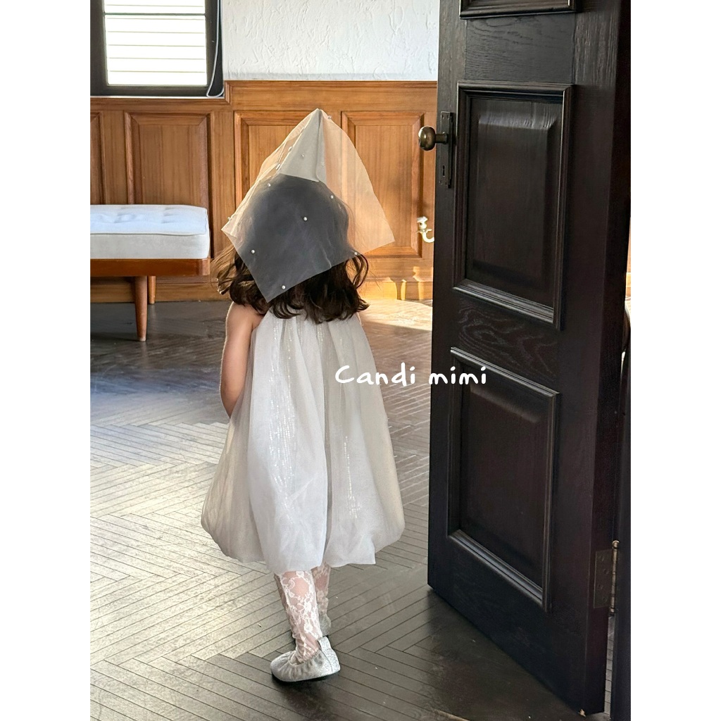 CANDI MIMI Váy hai dây nơ babydoll gắn sao ánh bạc - Phong cách Hàn Quốc