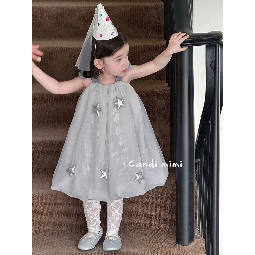 CANDI MIMI Váy hai dây nơ babydoll gắn sao ánh bạc - Phong cách Hàn Quốc