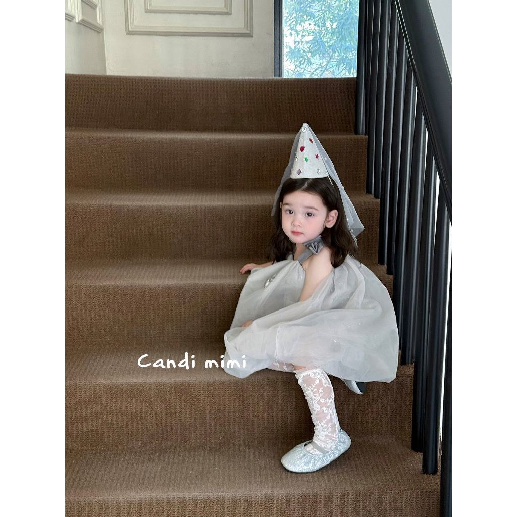 CANDI MIMI Váy hai dây nơ babydoll gắn sao ánh bạc - Phong cách Hàn Quốc