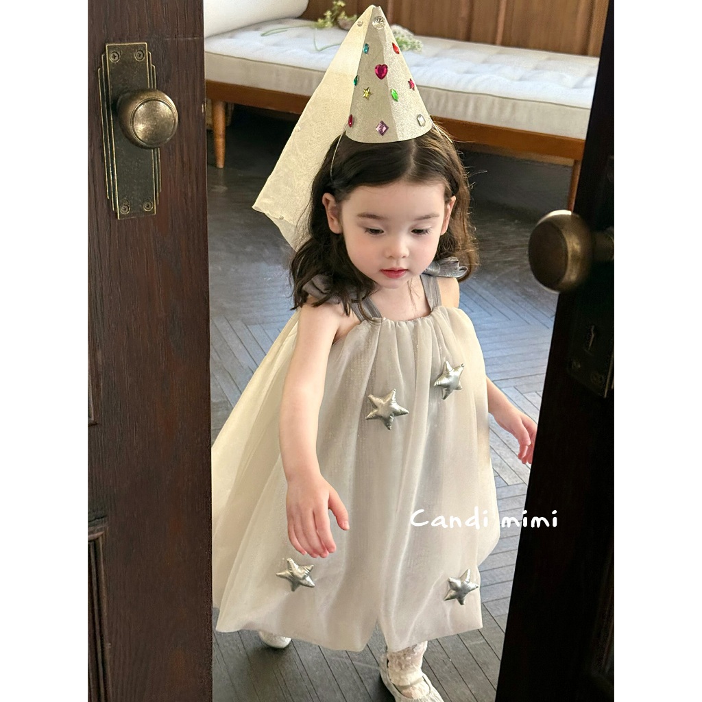 CANDI MIMI Váy hai dây nơ babydoll gắn sao ánh bạc - Phong cách Hàn Quốc
