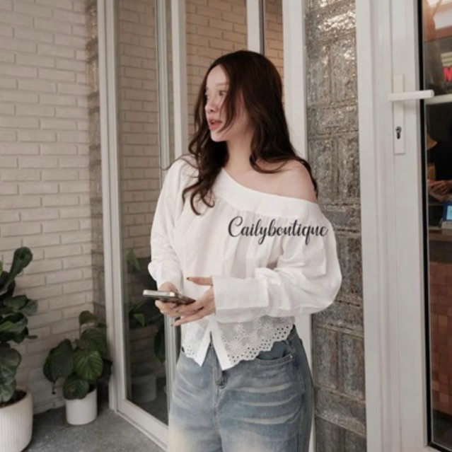 Áo sơmi lệch vai phối ren hoa cao cấp , Áo sơmi nữ dài tay basic Grabi shirt • MIU.STUDIO