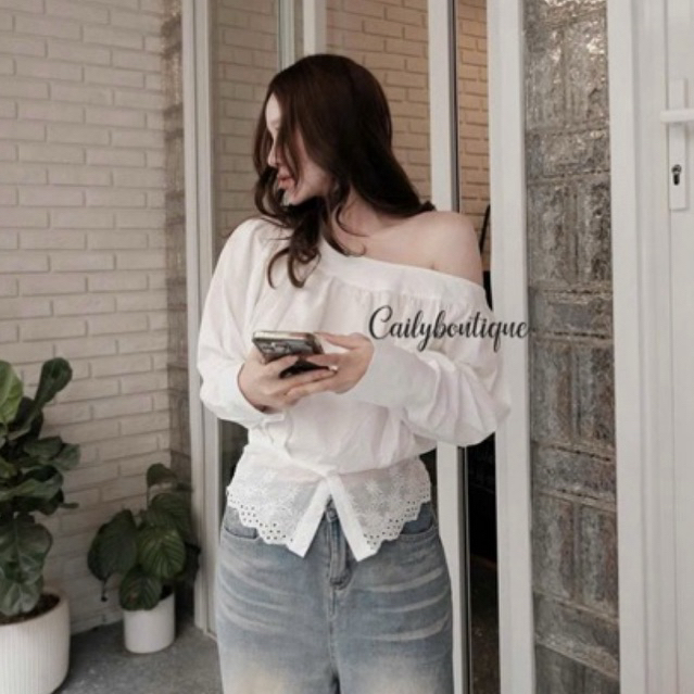 Áo sơmi lệch vai phối ren hoa cao cấp , Áo sơmi nữ dài tay basic Grabi shirt • MIU.STUDIO