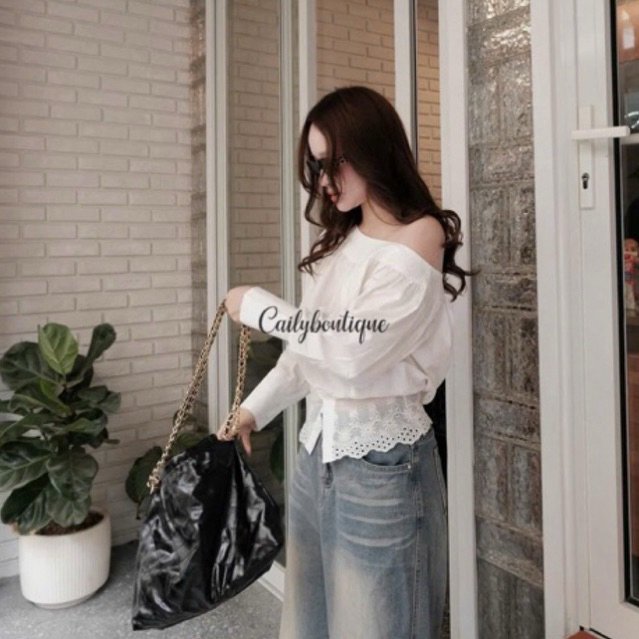 Áo sơmi lệch vai phối ren hoa cao cấp , Áo sơmi nữ dài tay basic Grabi shirt • MIU.STUDIO