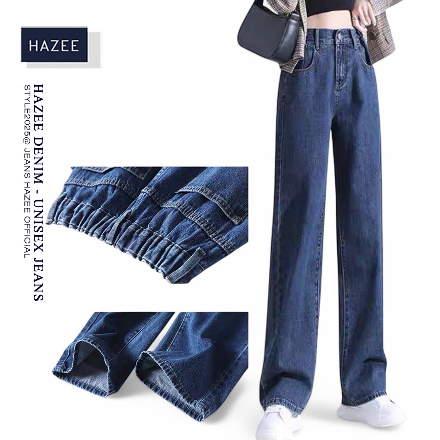Quần jean nữ ống rộng cạp chun HAZEE - Quần jean Co giãn cạp chun và cạp khóa form rộng