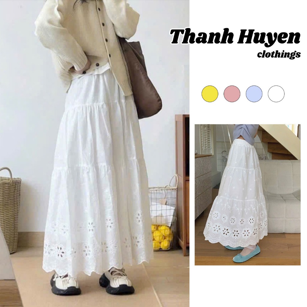 Chân Váy Midi Thêu Hoa 2Lớp Lưng Chun Dáng Xoè ,Chất Thô By.Thanhhuyen Clothing New2025